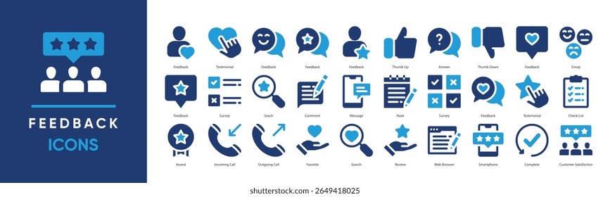 Ícones de comentários definem a coleção. Incluindo depoimentos, revisões, pesquisas e respostas do usuário. Perfeito para atendimento ao cliente, interfaces UX, sistemas de classificação e plataformas de comunicação.