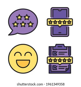 Feedback icons set (Filled Line) = positive review, smartphone, emoji, clipboard. Perfect for website mobile app, app icons, presentation, illustration and any other projects.