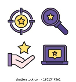 Feedback icons set (Filled Line) = Target, search, hand star, laptop. Perfect for website mobile app, app icons, presentation, illustration and any other projects.