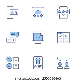 Feedback icons set. Line Duotone style, editable stroke. restaurant, satisfaction, feedback, smartphone, computer, rating, positive review, testimony.