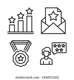 Iconos de retroalimentación establecidos = podio, correo electrónico, medalla, revisión positiva. Perfecto para aplicaciones móviles de sitios web, iconos de aplicaciones, presentación, ilustración y cualquier otro proyecto.