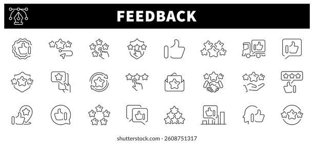 Feedback icons set.  Feedback and rating line icons. Feedback, rating, like sign thin line icon collection. Editable stroke 
