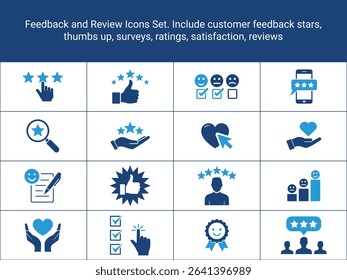 Feedback Icons Set. Review Icons. Customer Feedback icon. Include customer feedback stars, thumbs up,
surveys, ratings, satisfaction, reviews, hearts etc. flat icon, solid icon