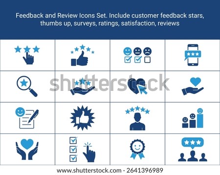 Feedback Icons Set. Review Icons. Customer Feedback icon. Include customer feedback stars, thumbs up,
surveys, ratings, satisfaction, reviews, hearts etc. flat icon, solid icon