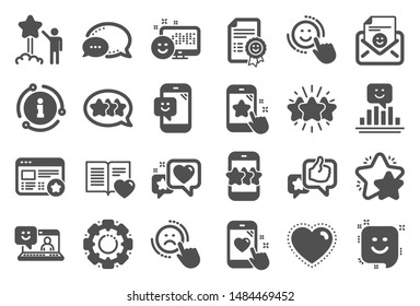 Feedback icons. Set of User Opinion, Customer service and Star Rating icons. Testimonial, Positive negative emotion, Customer satisfaction. Social media feedback, star rating technology. Vector