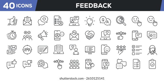 Feedback icons set. Web line icons collection related testimonial, satisfaction, rating, review. Perfect pixel vector illustration isolated on white background.