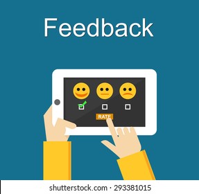 Feedback illustration. Flat design. Feedback or Rating system on phone screen. Giving feedback concept.
