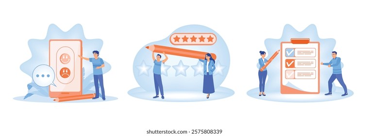 Feedback illustration with rating stars, survey form and user satisfaction ideas. Customer opinions, reviews and experiences. Online Survey Concept. Set flat vector illustration.