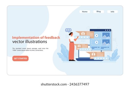 Proceso de implementación de comentarios. Ilustración detallada de un profesional que analiza e incorpora los comentarios de los clientes para mejorar el servicio. Ilustración vectorial plana.