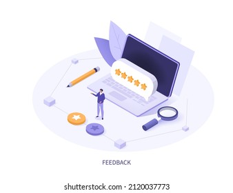 Feedback isometric. Character pointing on survey form with five star positive customer review. Online feedback, survey or review concept. Vector illustration.
