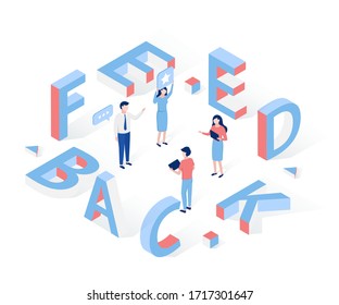 Concepto isométrico de retroalimentación. La gente intercambia opiniones. Estilo moderno e isométrico 3D plano. Ilustración vectorial.