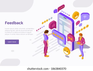 Feedback isometric landing page. Customers stand at huge smartphone screen leaving review and put stars in mobile app. Clients evaluate service or product. 3d vector illustration, web banner.