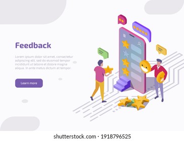 Feedback isometric landing page, web banner. Clients stand at smartphone screen leaving review and put stars in mobile app. Customers evaluate product or service technology. 3d vector illustration.