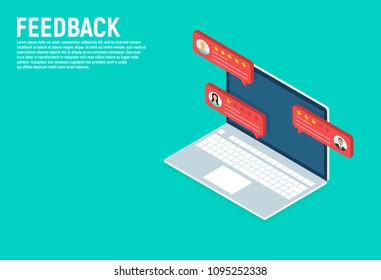 Feedback. Isometric Laptop With Customer Review Rating Messages. Online Reviews Or Client Testimonials, Concept Of Experience Or Feedback