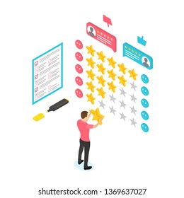 Feedback in isometric view. Five star rank. Man and quality assessment. Positive and negative feedback. Like and dislike service. Vector illustration.