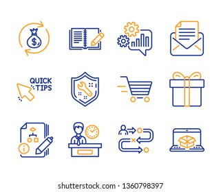 Feedback, Journey path and Delivery shopping icons simple set. Algorithm, Gift box and Money exchange signs. Spanner, Cogwheel and Quick tips symbols. Line feedback icon. Colorful set. Editable stroke