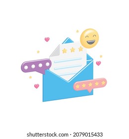 Feedback in large 3D envelope with letter with information, text, opinion, recommendations, stars, positive emoticons in rating. Mail with likes, hearts. Sending messages on Internet.