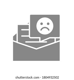 Feedback letter with sad face grey icon. Negative review, upset customer
