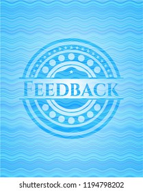 Feedback light blue water badge background.