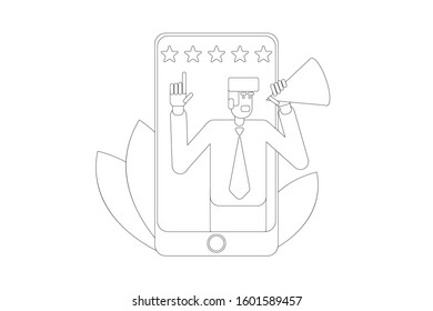Feedback line concept vector illustration. Graphic design for web pages or landing banners. Man shouting from the smartphone display asking for feedback.