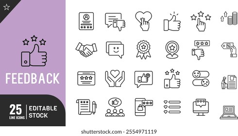  Feedback line editable icon set. review, satisfied, survey, rating thin modern style vector illustration.