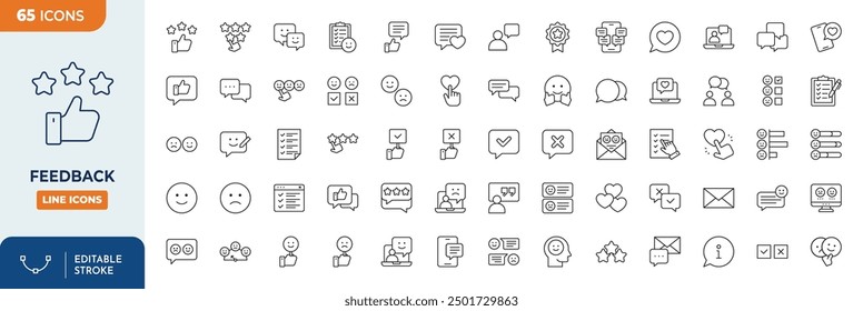 Feedback-Zeile editierbare Symbole gesetzt. Vektorgrafik im modernen dünnen Linienstil von Kommunikationssymbolen: Bewertung, Blasen, Rezension. Piktogramme und Infografiken für mobile Apps	
