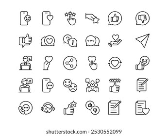 Conjunto de iconos editables de línea de Comentarios. Ilustración vectorial en estilo de línea delgada moderna de iconos de comunicación: mensajes, llamadas, calificación, burbujas. Pictogramas e infografías para App móviles