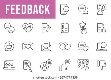 Feedback-Zeile editierbare Symbole gesetzt. Feedback und Prüfsymbole für Web- und mobile Apps. Kundenbeziehungsmanagement. Starbewertung, Zufriedenheit, Emotion, Erfahrungsberichte, schnelle Reaktion, Chat