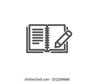 Feedback line icon. Book with pencil sign. Copywriting symbol. Quality design element. Editable stroke. Vector