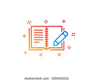 Feedback line icon. Book with pencil sign. Copywriting symbol. Gradient design elements. Linear feedback icon. Random shapes. Vector