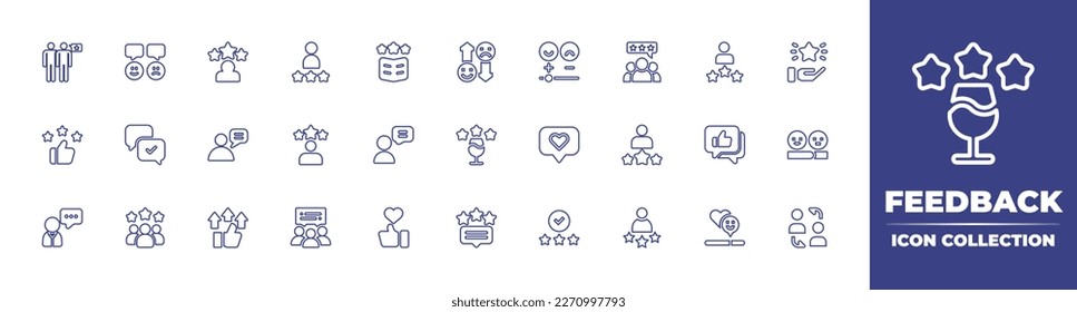 Colección de iconos de línea de comentarios. Trazo editable. Ilustración vectorial. Con revisión, calificación, revisión de clientes, portada de libros, reseñas, satisfacción, satisfacción, estrella, opinión, cliente.