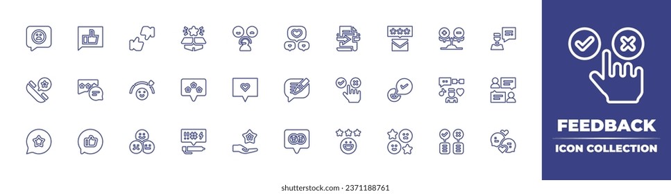 Colección de iconos de línea de comentarios. Trazo editable. Ilustración vectorial. Con reseña positiva, retroalimentación, feliz, estilo de vida, testimonio, tasa, como, queja, chat, amor, escribir, satisfecho, reseña.