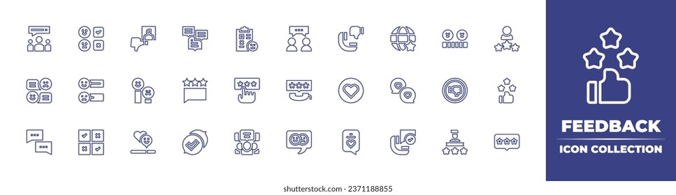 Feedback line icon collection. Editable stroke. Vector illustration. Containing unhappy, conversation, stars, phone call, feedback, review, satisfaction, rating, chat, call, love, customer.