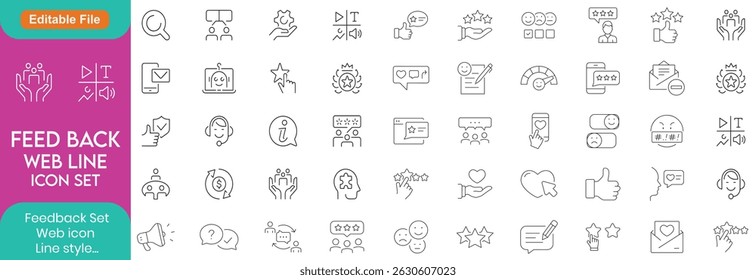 Feedback line Icon Collection. Thin Line Set contains such Icons as Rating, Testimonials, Quick Response, Satisfaction and more. Simple web icons set.