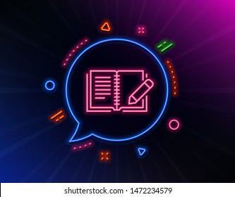 Feedback line icon. Neon laser lights. Book with pencil sign. Copywriting symbol. Glow laser speech bubble. Neon lights chat bubble. Banner badge with feedback icon. Vector