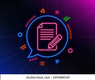 Feedback line icon. Neon laser lights. Page with pencil sign. Copywriting symbol. Glow laser speech bubble. Neon lights chat bubble. Banner badge with article icon. Vector