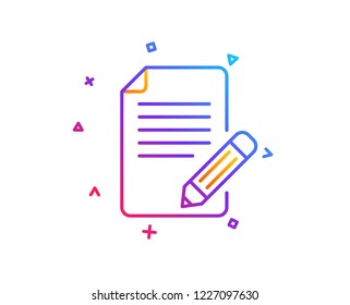 Feedback line icon. Page with pencil sign. Copywriting symbol. Gradient line button. Article icon design. Colorful geometric shapes. Vector