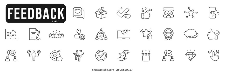 Feedback line icon set 3. Review, like, customer, message, chat, comment etc. Editable stroke
