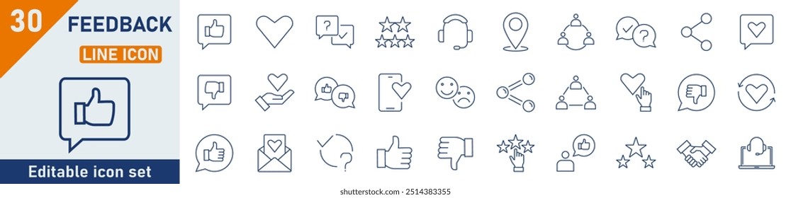 Conjunto de ícones da linha de comentários. Conjunto de 30 ícones de tópicos relacionados a comentários, classificação, como, antipatia e outros. Coleção de ícones da estrutura de tópicos de comentários. Ilustração vetorial.