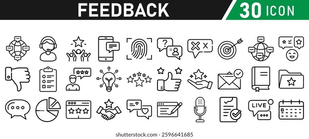 Feedback Line Icon Set. Contains Testimonial, Survey, Questionnaire, Satisfaction, Comment, Performance. Icons Illustration