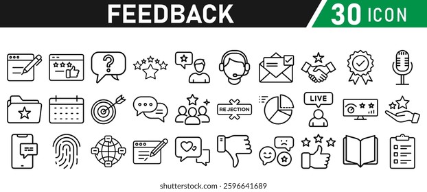 Feedback Line Icon Set. Contains Testimonial, Survey, Questionnaire, Satisfaction, Comment, Performance. Icons Illustration