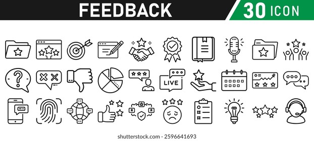 Feedback Line Icon Set. Contains Testimonial, Survey, Questionnaire, Satisfaction, Comment, Performance. Icons Illustration