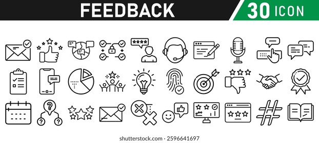 Feedback Line Icon Set. Contains Testimonial, Survey, Questionnaire, Satisfaction, Comment, Performance. Icons Illustration