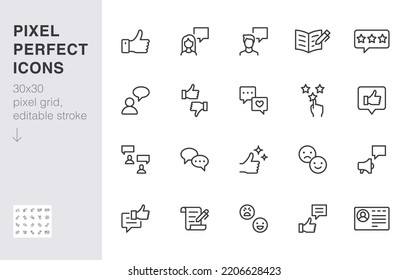 Feedback line icon set. Customer service, user experience, like thumbs up, star rating, dialog minimal vector illustration. Simple outline sign for review app ui. 30x30 Pixel Perfect, Editable Stroke