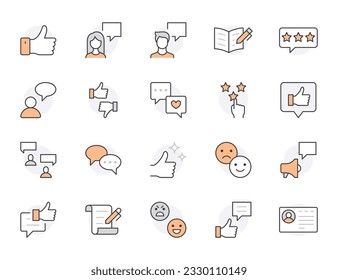 Feedback line icon set. Customer service, user experience, like thimbs up, star rating, dialog minimal vector illustration. Simple outline sign for review app ui. Orange Color, Editable Stroke