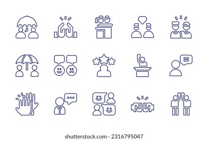 Feedback line icon set. Editable stroke. Vector illustration. Containing umbrella, agreement, hug, friends, insurance, review, rating, friendship, customer question, high five, customer support.