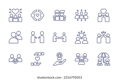 Feedback line icon set. Editable stroke. Vector illustration. Containing love, friendship, group, users, handshake, idea, high five, heart, care, friends.