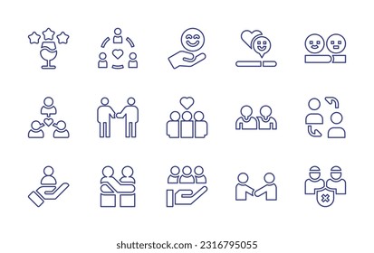 Feedback line icon set. Editable stroke. Vector illustration. Containing rate, friendship, happiness, satisfaction, customer satisfaction, relationship, friends, employee, support, hug, handshake.