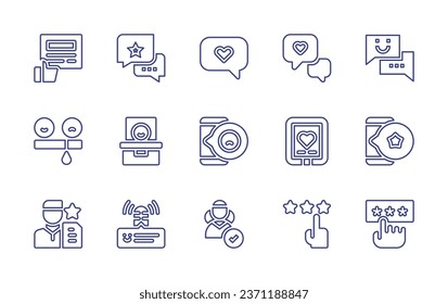 Feedback line icon set. Editable stroke. Vector illustration. Containing like, opinion, messages, chat, survey, negative review, phone, review, podcast, user, rating, stars.