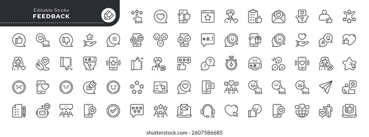 Feedback line icon set. Like, dislike, review, comment, content, user opinion, survey and more. Outline vector icon in linear style. Pictogram collection	